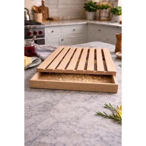 Rustic Wooden Bread Cutting‎ Board Crumb Catcher Tray Farmhouse Artisan Serving